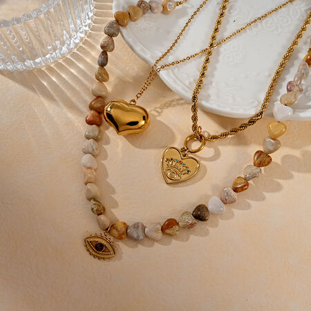 1 Piece Retro Heart Natural Stones Gold Color Beaded Necklace 2