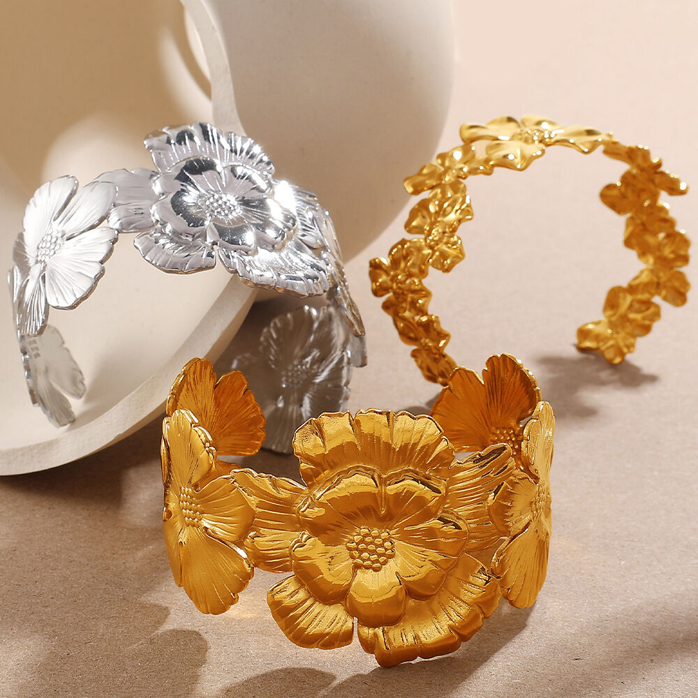 1 Piece Flower Stainless Steel Waterproof Gold Color Cuff Bracelet h5 Picture3