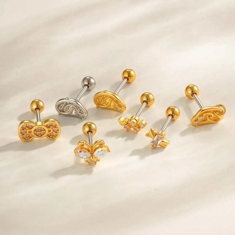 Orecchino piercing in zircone color oro e rame con fiocco, 1 pezzo