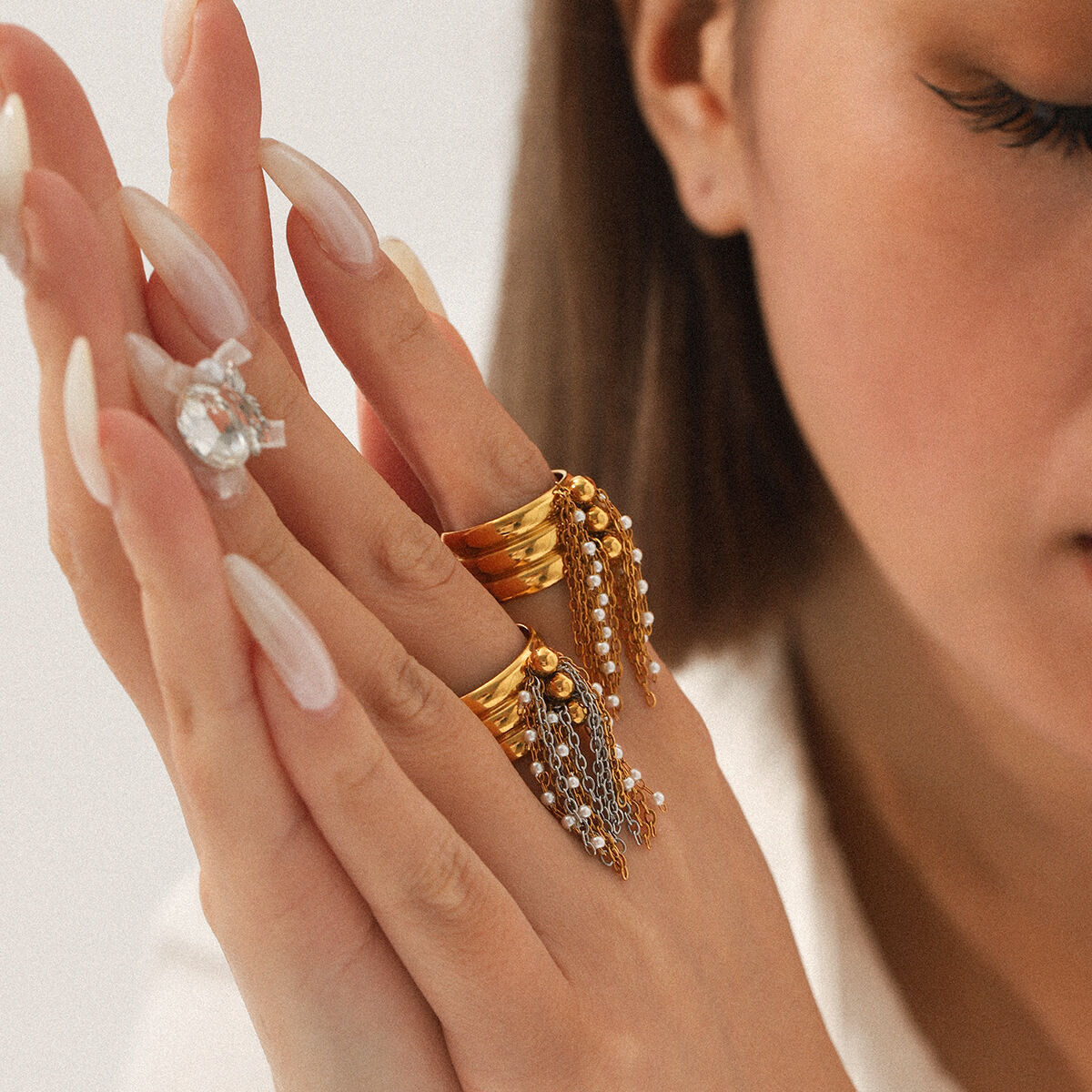 1 Piece Chic Daily Tassel Stainless Steel Waterproof Gold Color Pearl Statement Rings 2