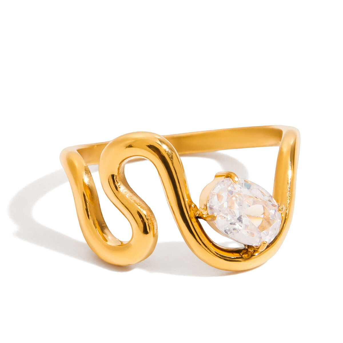Anillo de piedras preciosas para mujer, de acero inoxidable, resistente al agua, color dorado, con forma curva, 1 pieza