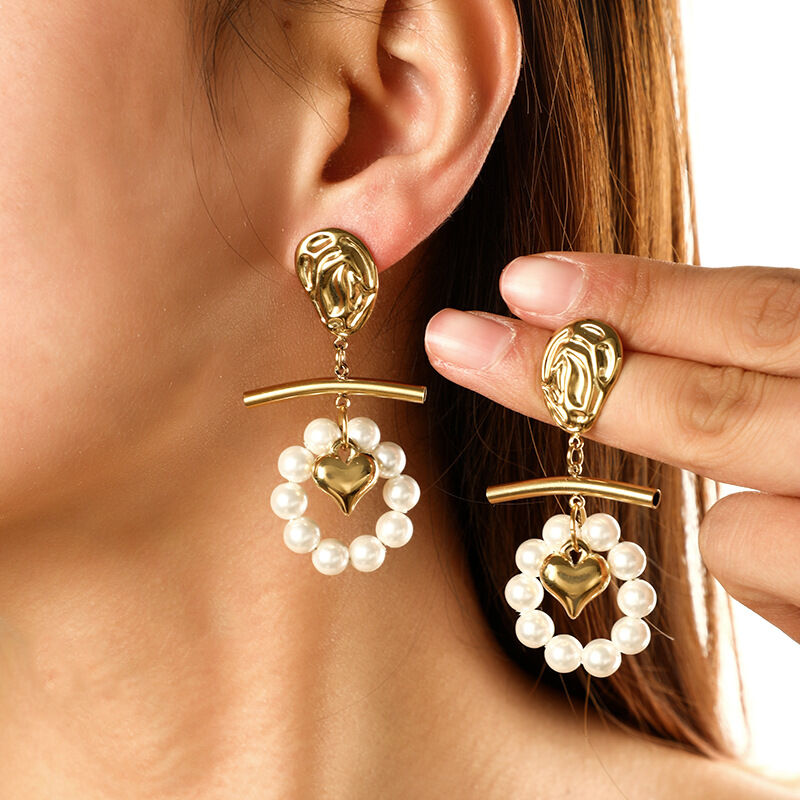 1 Pair Romantic Series Retro Heart Stainless Steel Waterproof  Gold Color  Beads Earrings