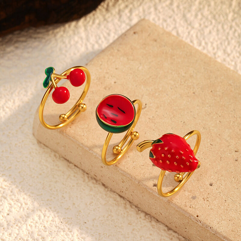 1 Piece Cute Cherry Stainless Steel Waterproof Gold Color Statement Ring Picture2