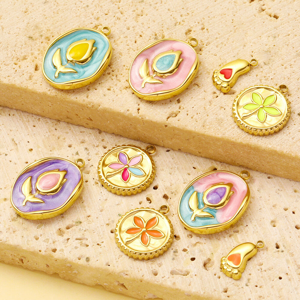 1 pezzo di lusso serie fai da te fiore in acciaio inossidabile impermeabile color oro ciondoli da donna h5Immagine3