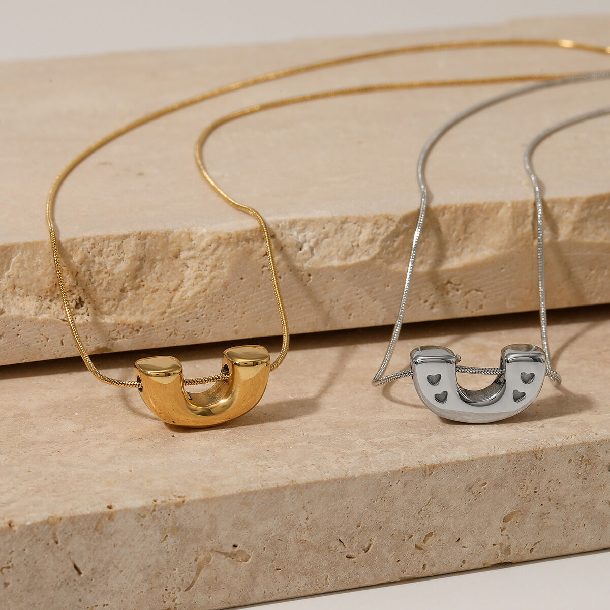 Simple U-shape Heart Stainless Steel Waterproof Gold Color Women's Pendant Necklaces