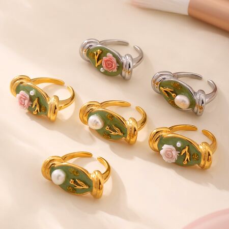1 Piece Romantic Series Flower Stainless Steel Waterproof Gold Color Statement Rings