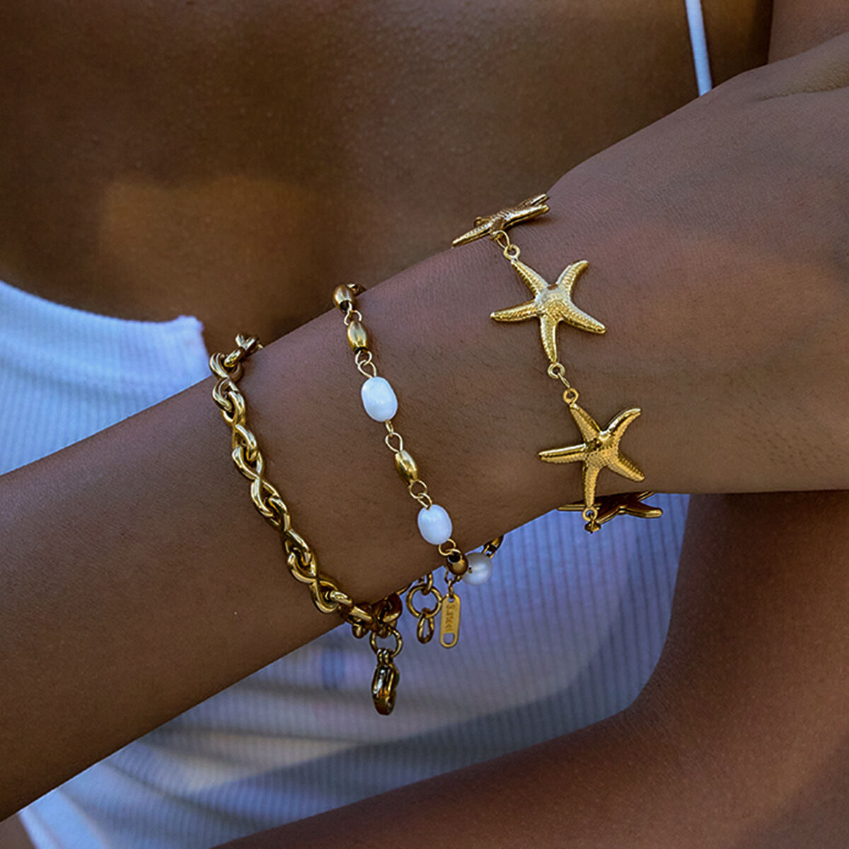 1 Piece Vacation Starfish Stainless Steel Waterproof Gold Color Women's Chain Bracelets