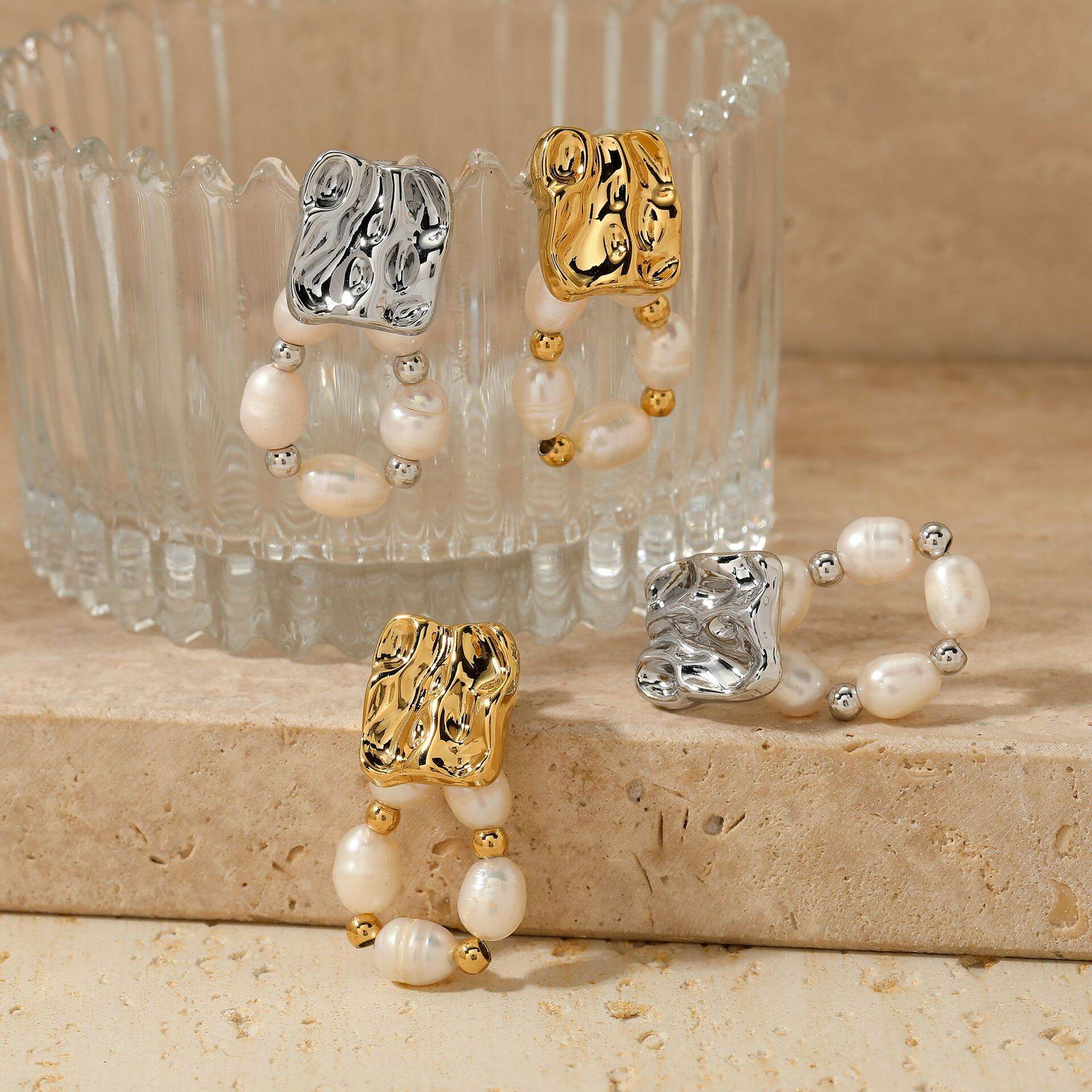 Retro Hammer Pattern Stainless Steel Waterproof Pearl Beabds Women's Drop Earrings h5 Picture3