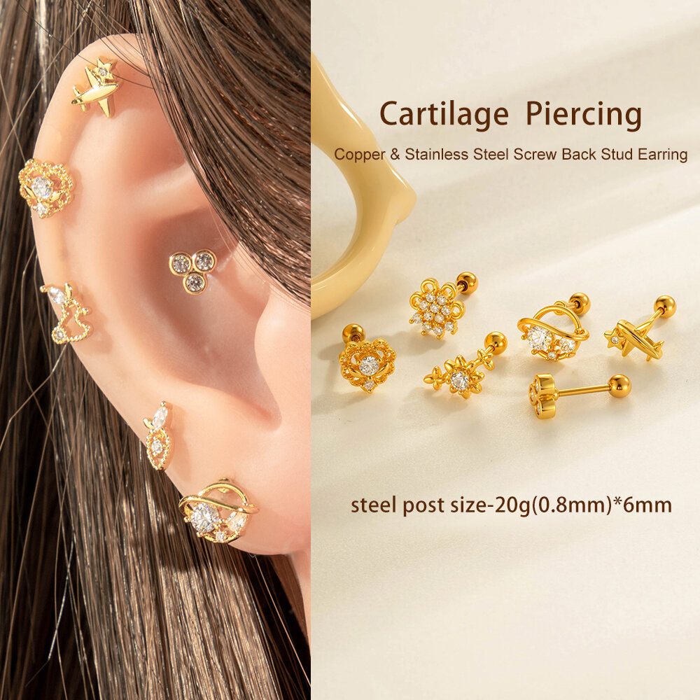 1 stuk hart koper goud kleur zirkoon piercing oorbel Afbeelding4