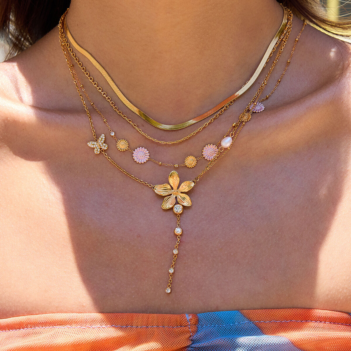 1 Piece Exquisite Flower Tassels Stainless Steel Waterproof Gold Color Women's Pendant Necklaces 2