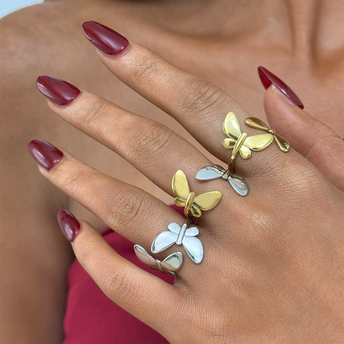 Bague tendance en acier inoxydable doré, couleur papillon naturel (1 pièce) 2