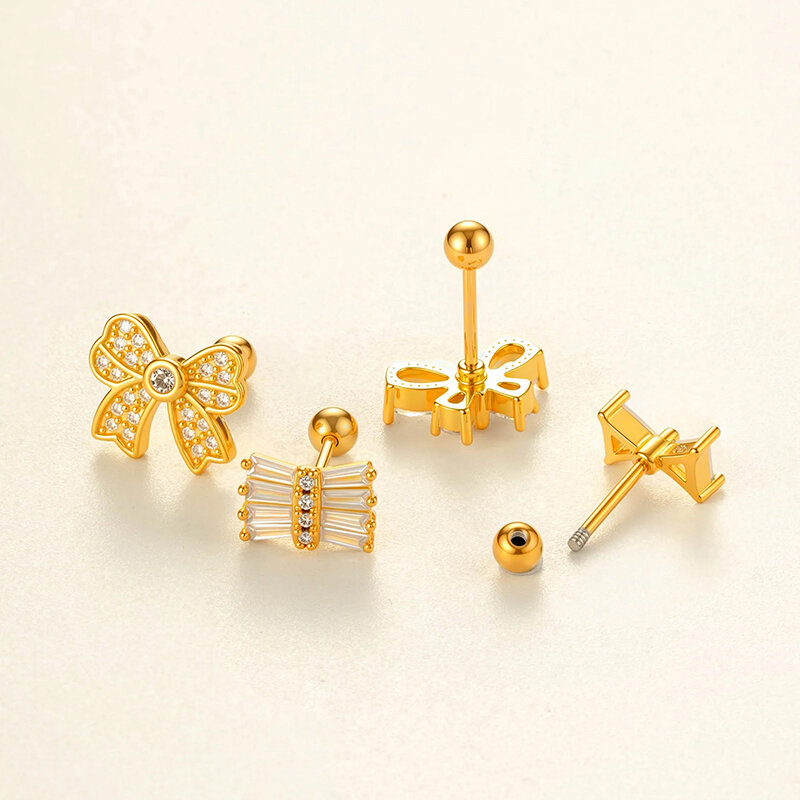 Boucle d'oreille piercing en forme de nœud papillon en cuivre doré et zircon h5Image3