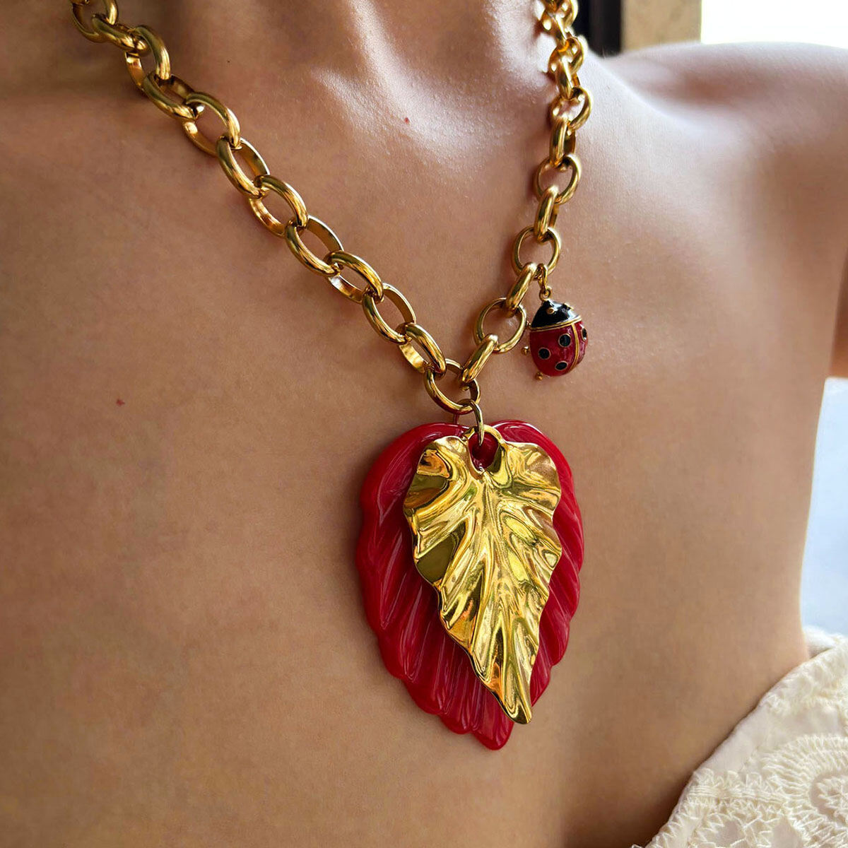 1 Piece Leaf Stainless Steel Waterproof Gold Color Pendant Necklace
