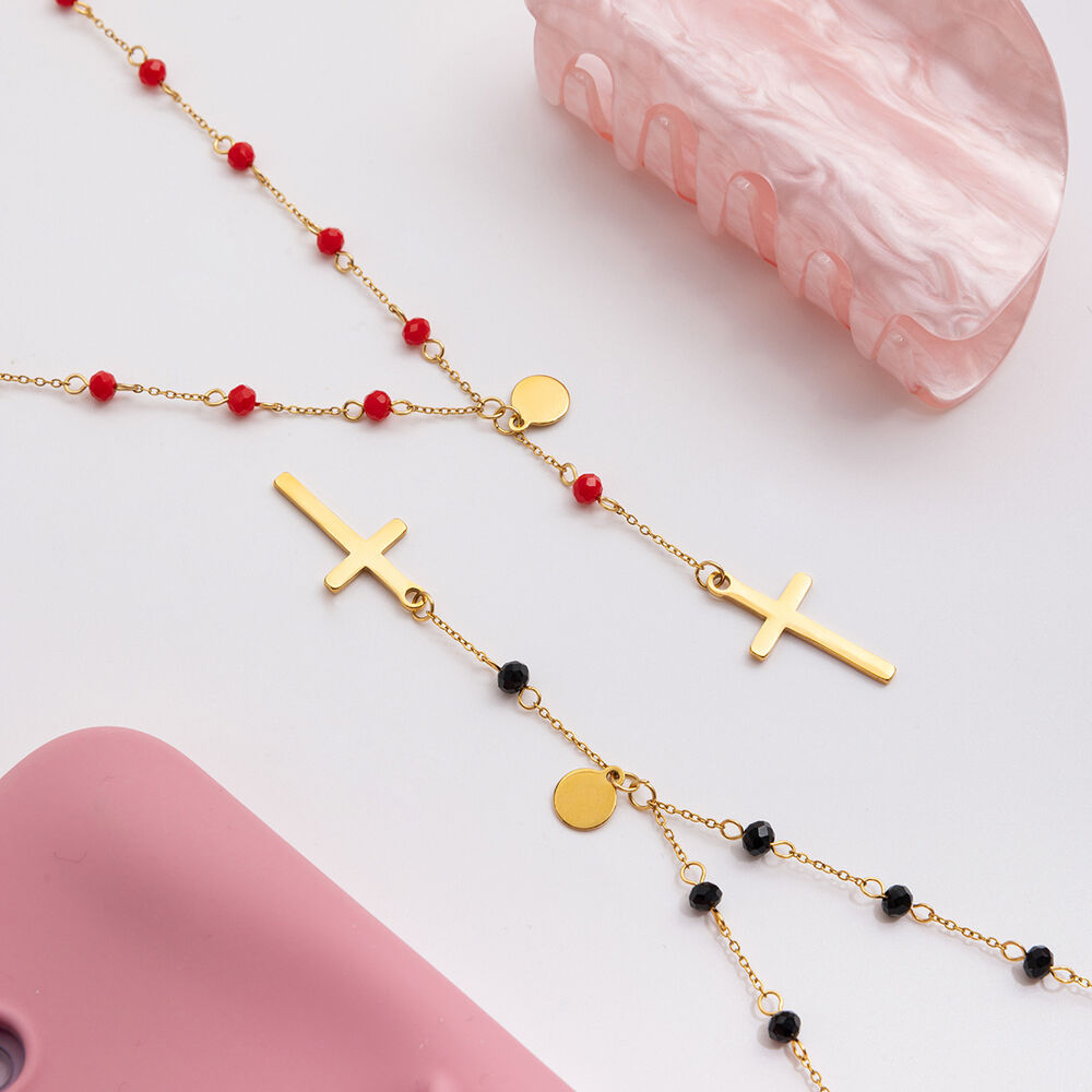 Collana con ciondolo da donna color oro impermeabile in acciaio inossidabile con croce di personalità , 1 pezzo h5Immagine4