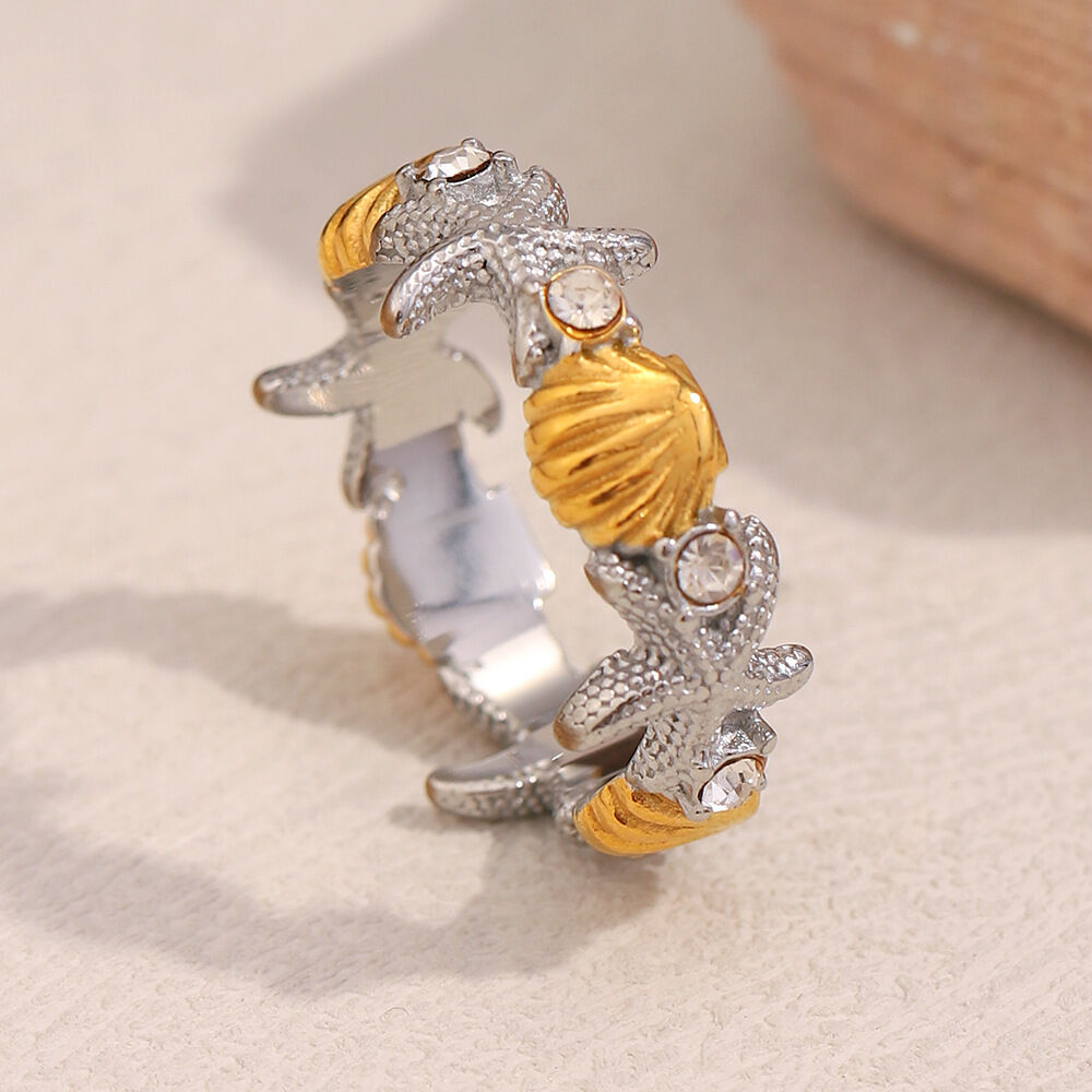 1 Piece Designable Starfish & Shell Stainless Steel Waterproof Gold Color Statement Rings h5 Picture2