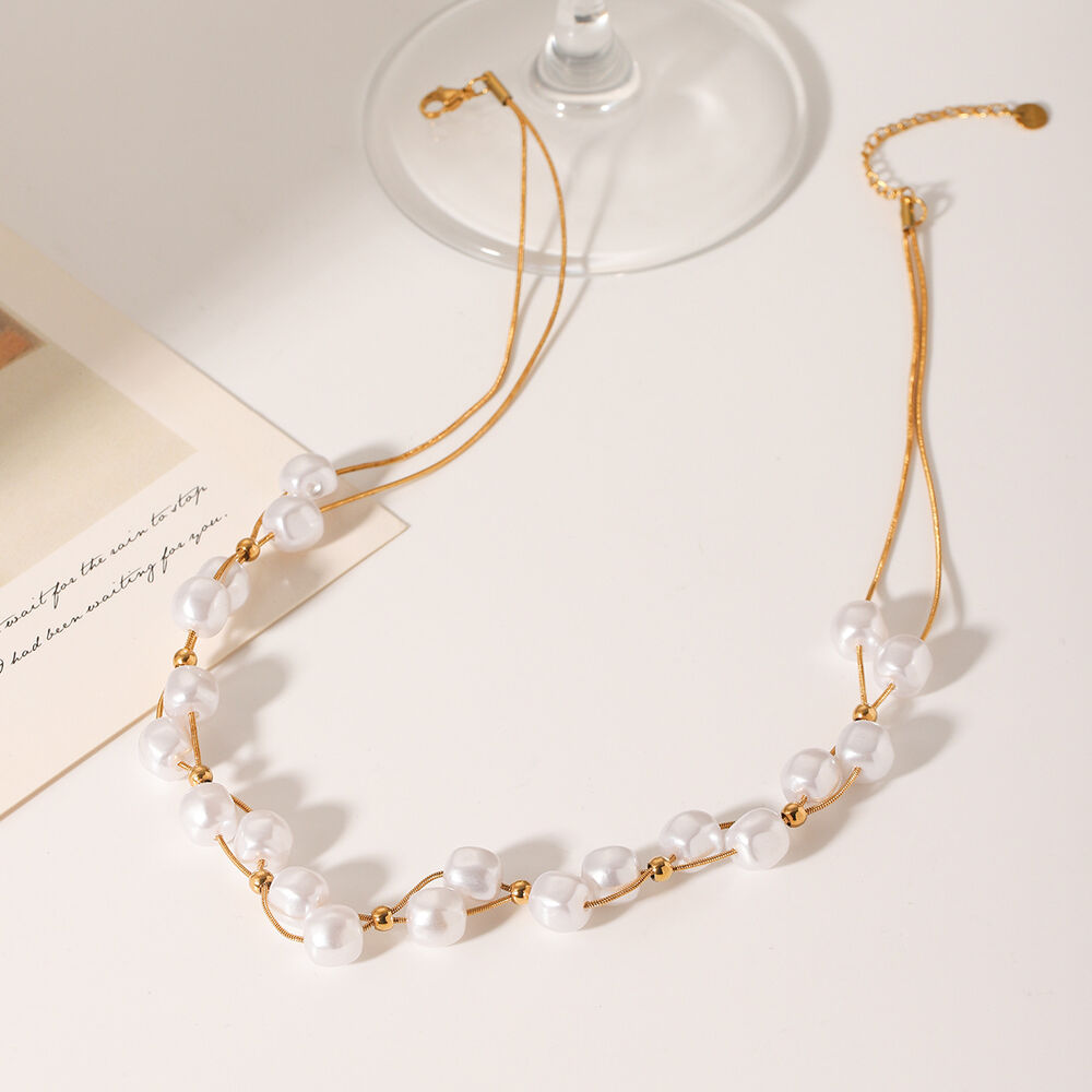 Daily Beads Paslanmaz Çelik Su Geçirmez Altın Renkli İnci Kadın Boncuklu Kolyeler Resim3