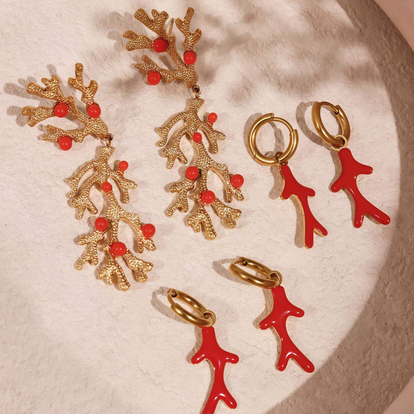 1 Pair Luxurious Series Coral Stainless Steel Waterproof Gold Color Women's Drop Earrings 2