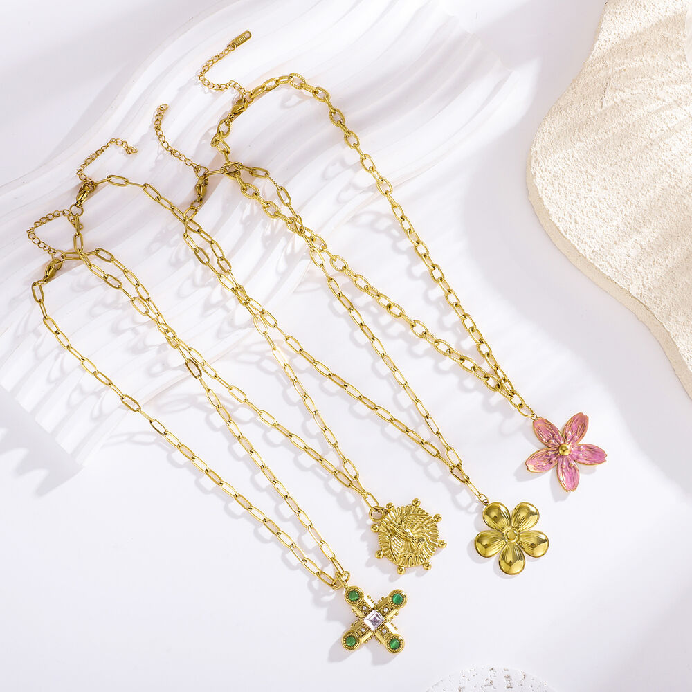Collier pendentif femme en acier inoxydable doré, motif floral romantique (1 pièce) h5Image3