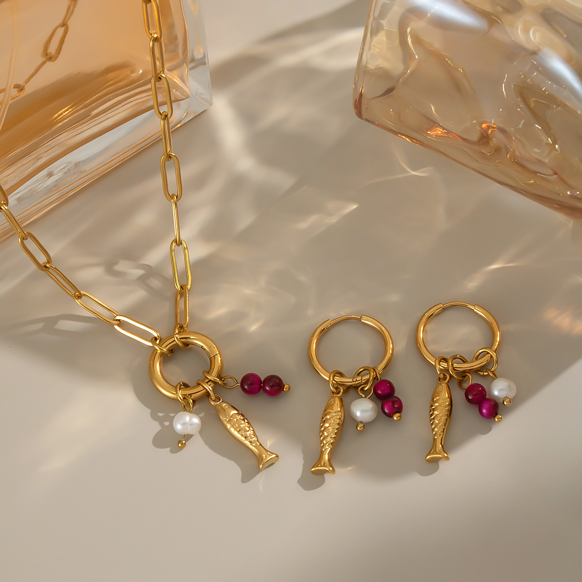 Fish Stainless Steel Waterproof Gold Color Necklace Set