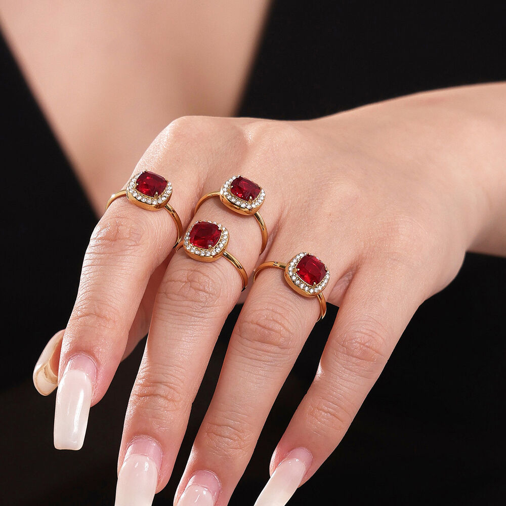 1 Piece Classic Square Stainless Steel Waterproof Gold Color Red Zircon Women's Jewelry Sets h5Picture5