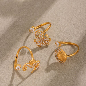 1 pezzo di anello con scritta "Vacance Sea Horse" in acciaio inossidabile, impermeabile, color oro h5 Immagine6