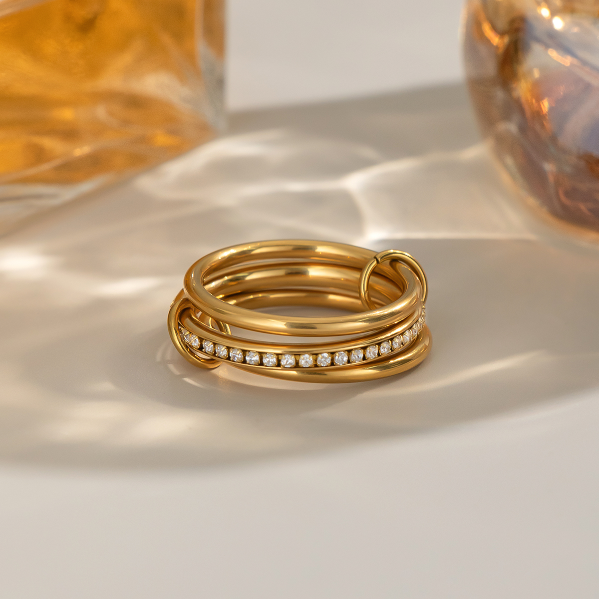 1 Piece Simple  Patchwork Stainless Steel Waterproof Gold Color  Rhinestone Statement Rings