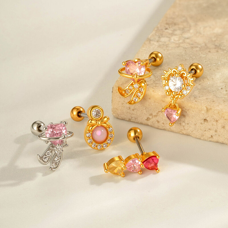 Orecchino piercing in zircone color oro e rame a forma di cuore, 1 pezzo