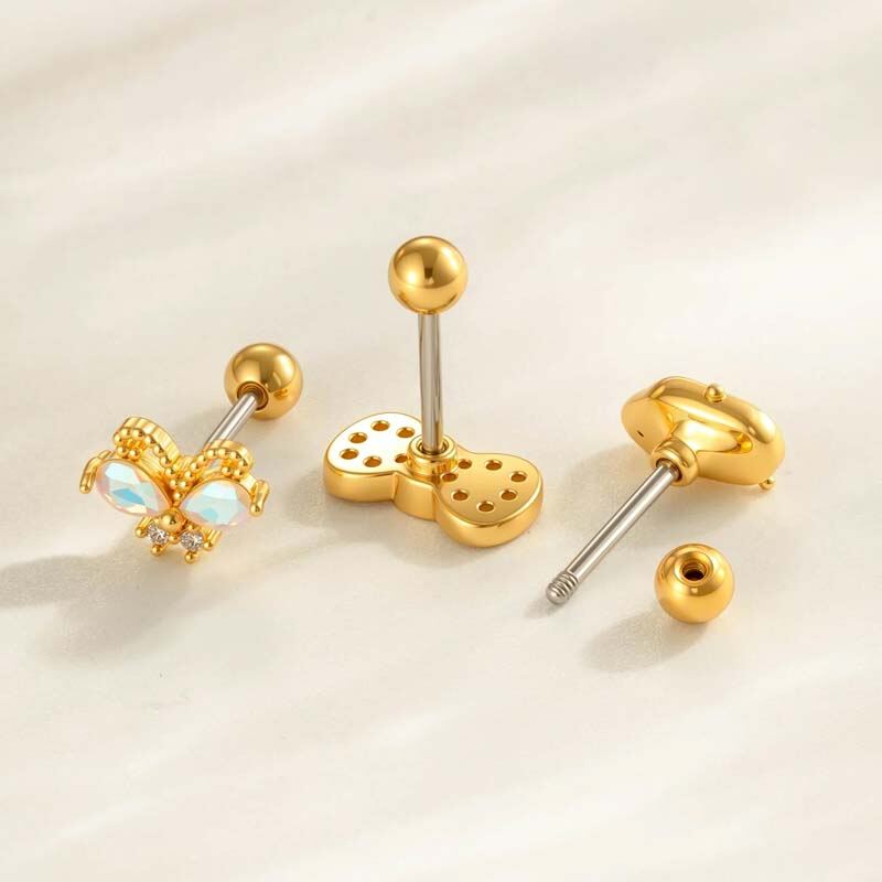 Orecchino piercing in zircone color oro e rame con fiocco, 1 pezzo 2