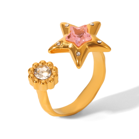 1 Piece Daily Star Stainless Steel Waterproof Gold Color Zircon Statement Rings