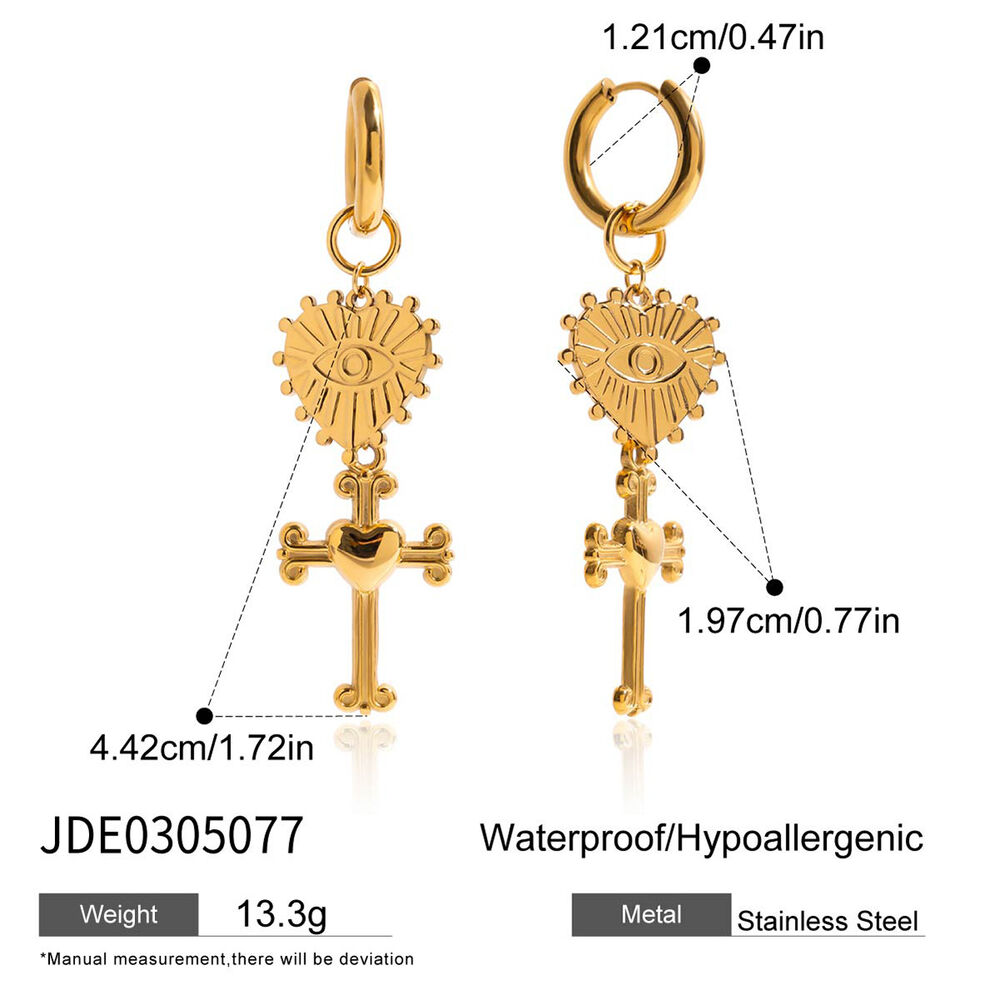 1 Pair Retro Heart&Cross Stainless Steel Waterproof Gold Color Women's Drop Earrings h5Picture2