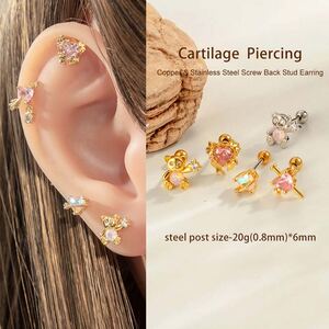 1 Piece Sweet Bear Copper Gold Color Zircon Women's Piercing Earrings h5 Picture5