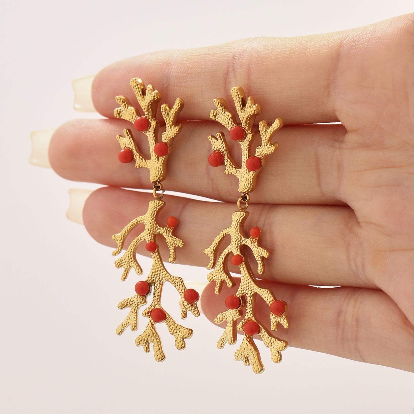 1 Pair Luxurious Series Coral Stainless Steel Waterproof Gold Color Women's Drop Earrings h5 Picture5