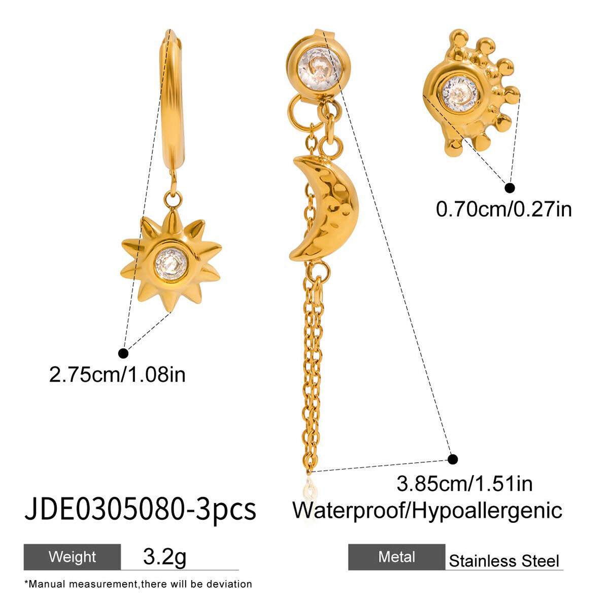 1 Set Classic Series Elegant Sun&Moon Stainless Steel Waterproof Gold Color Women's Earring Sets h5 Picture2