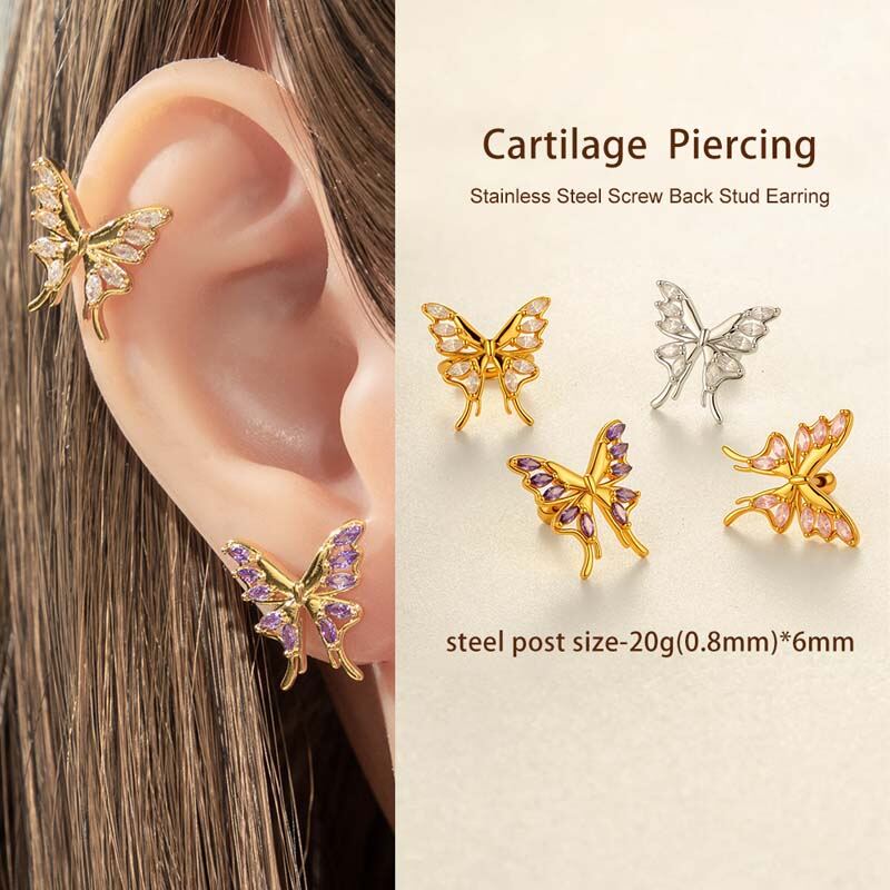 1 orecchino piercing a farfalla in zircone color rame e oro Immagine4