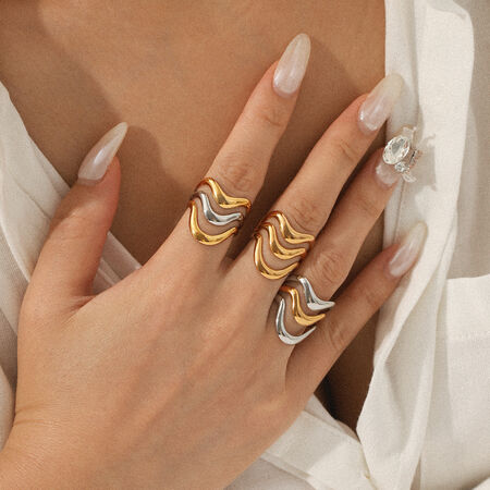 1 Piece Simple Daily Lines Stainless Steel Waterproof Gold Color Statement Rings 2