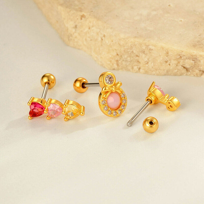 Orecchino piercing in zircone color oro e rame a forma di cuore, 1 pezzo 2