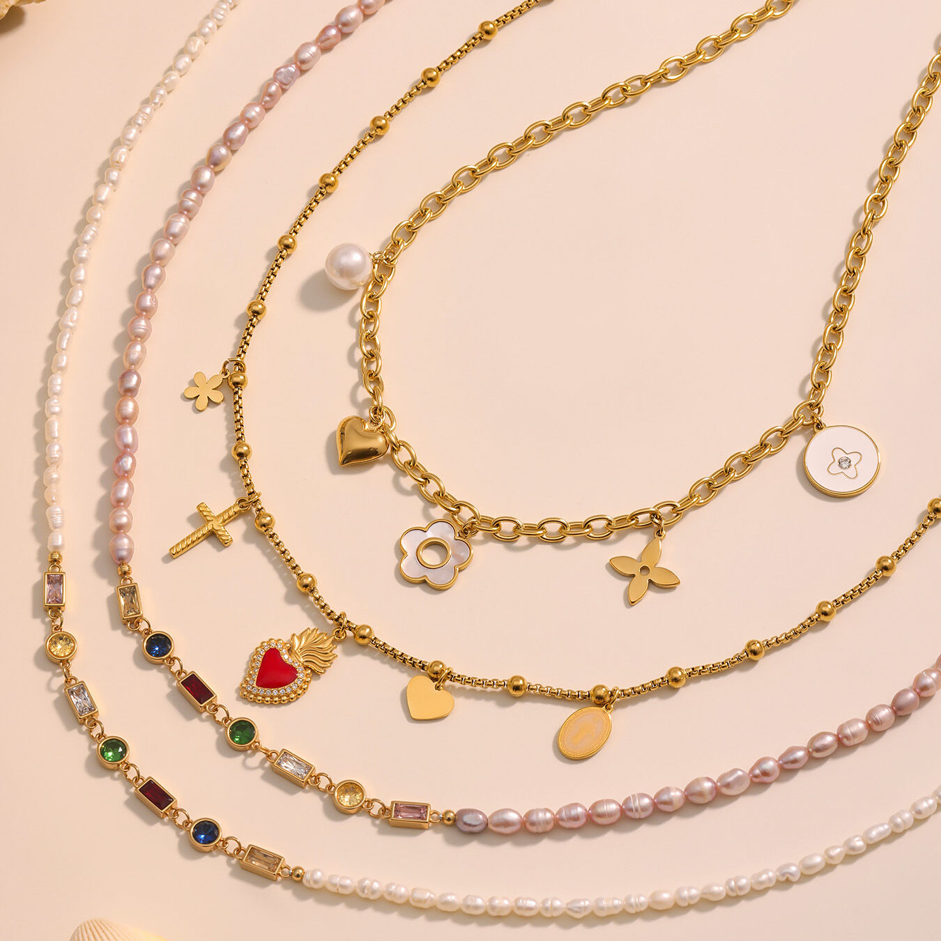 1 Piece Elegant Flower Stainless Steel Waterproof Zircon Pearl Beads Women's Pendant Necklaces 2