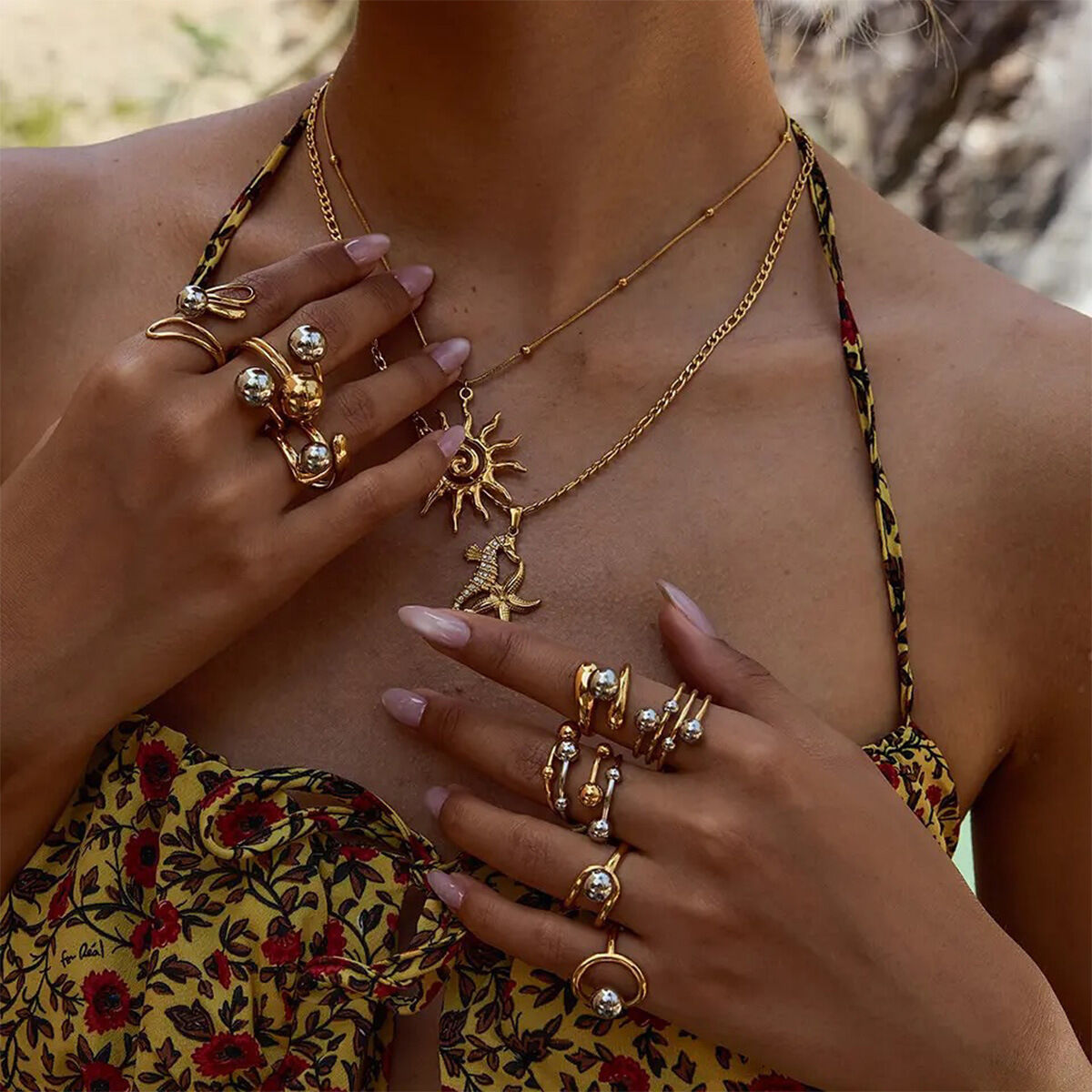 Simple Mixed Color Stainless Steel Waterproof   Gold Color  Statement Rings