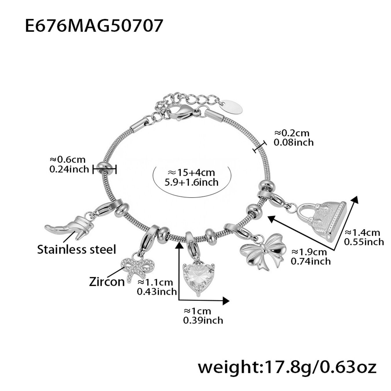 E676-Bracciale multiaccessori fai da te in acciaio 15+4 cm Immagine6