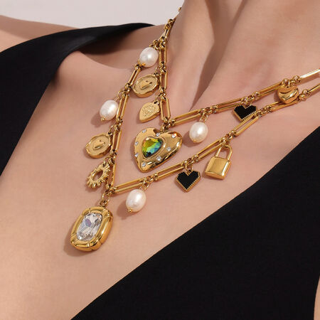 1 Piece Luxurious Zircon Heart Stainless Steel Waterproof Gold Color Women's Pendant Necklaces 2