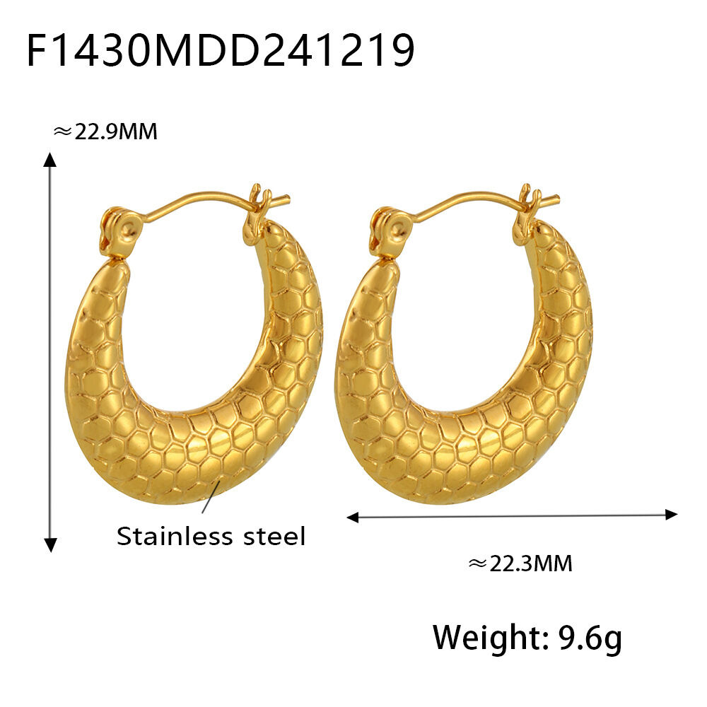 1 Pair Simple Honeycomb Print Stainless Steel Waterproof Gold Color Women's Hoop Earrings Picture2