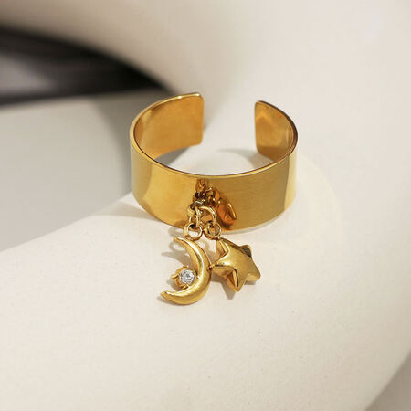 1 Piece Simple Series Classic Moon Stainless Steel Waterproof Gold Color Statement Rings 2