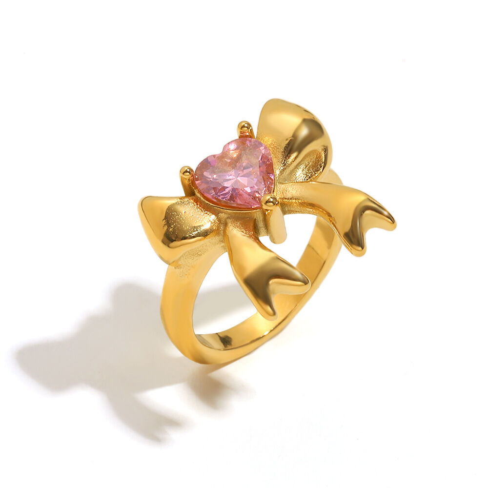 Anello con fiocco in zirconio rosa - oro/numero 6 