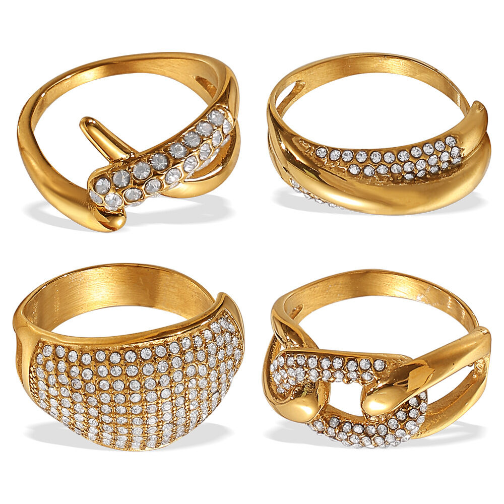 Anello con pietre preziose color oro con strass, in acciaio inossidabile, di forma irregolare, impermeabile, 1 pezzo Immagine5
