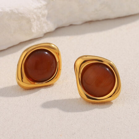 1 Pair Classic Annular Natural Stone Stainless Steel Waterproof Gold Color Women's Stud Earrings