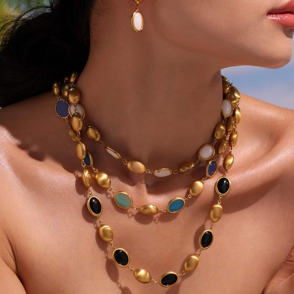 1 Piece Elegant Oval Shape Opal Stainless Steel Waterproof Gold Color Women's Necklaces Sets h5Picture2
