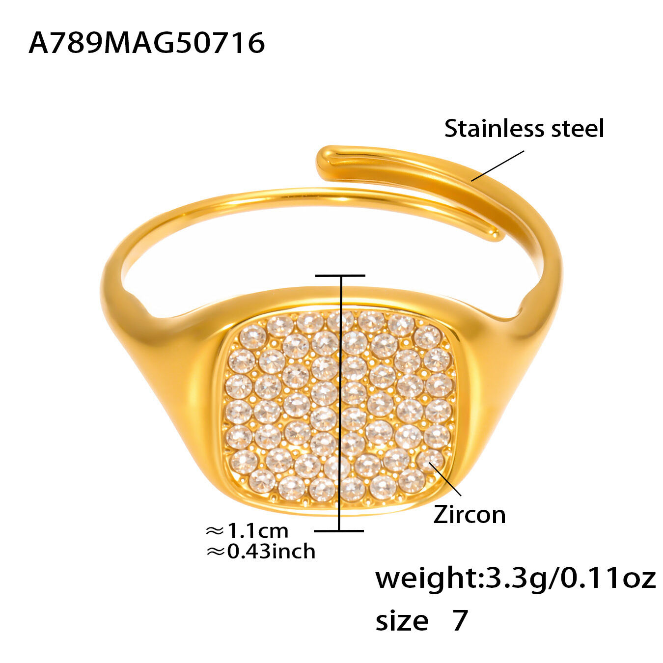 A789-Golden Square 5A Zircon Ring-Size 7/No.7 