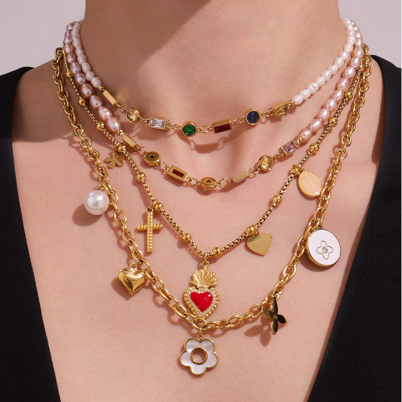 1 Piece Elegant Flower Stainless Steel Waterproof Zircon Pearl Beads Women's Pendant Necklaces