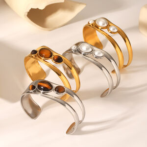 1 Pair Simple Series Daily Stainless Steel Waterproof Gold Color Pearl Women's Bangles h5 Picture5