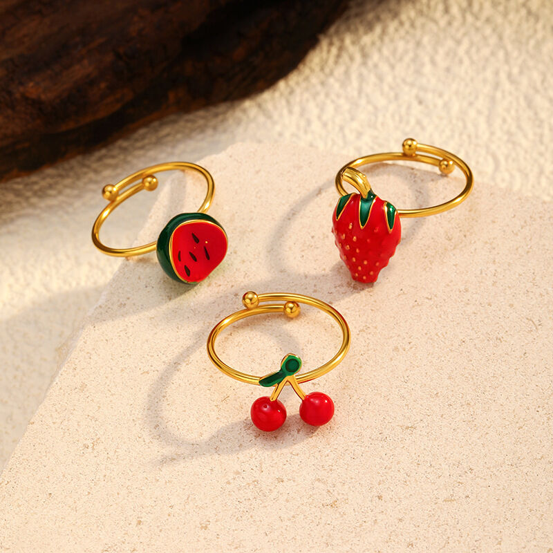 Anillo llamativo de acero inoxidable con diseño de cereza, color dorado, resistente al agua, 1 pieza